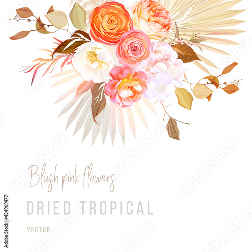 Trendy dried palm leaves, blush pink rose, orange ranunculus, white hydrangea