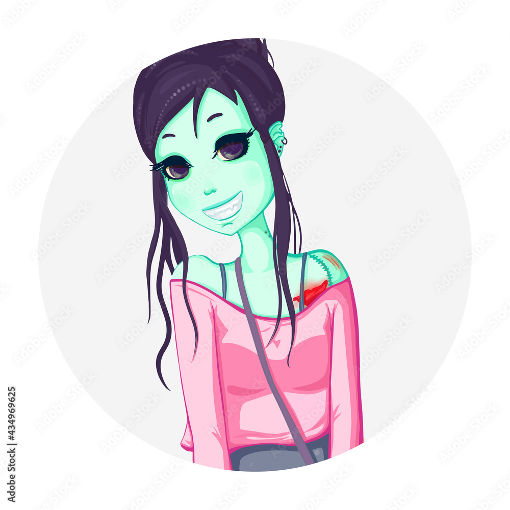 Smiley zombie girl on halloween party. Halloween costumes. Pretty lady. Illustration. Art creation. Cute web icon on isolated background. Cartoon character Smiley zombie girl on halloween party. Halloween costumes. Pretty lady. Illustration. Art creation. Cute web icon on isolated background. Cartoon character