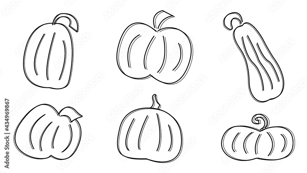 Set of simple linear hand drawn doodle icons with autumn pumpkins. Objects, elements, cliparts, stickers for Thanksgiving and Halloween. Cute pumpkin for decorating a gift card, printing on clothes Set of simple linear hand drawn doodle icons with autumn pumpkins. Objects, elements, cliparts, stickers for Thanksgiving and Halloween. Cute pumpkin for decorating a gift card, printing on clothes