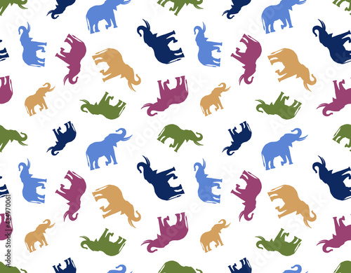 Abstract seamless children's pattern with colorful african elephants. Print for wallpaper, textiles, clothing, stationery, bedding, linen, T-shirts, swimwear, utensils. Background labels, emblems