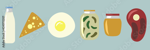 Set of simple colored flat icons with homemade food. Collection of cool cartoon illustrations for stickers, icons, buttons, web games, websites, prints. Cliparts for cookbook, menu, logo, emblem