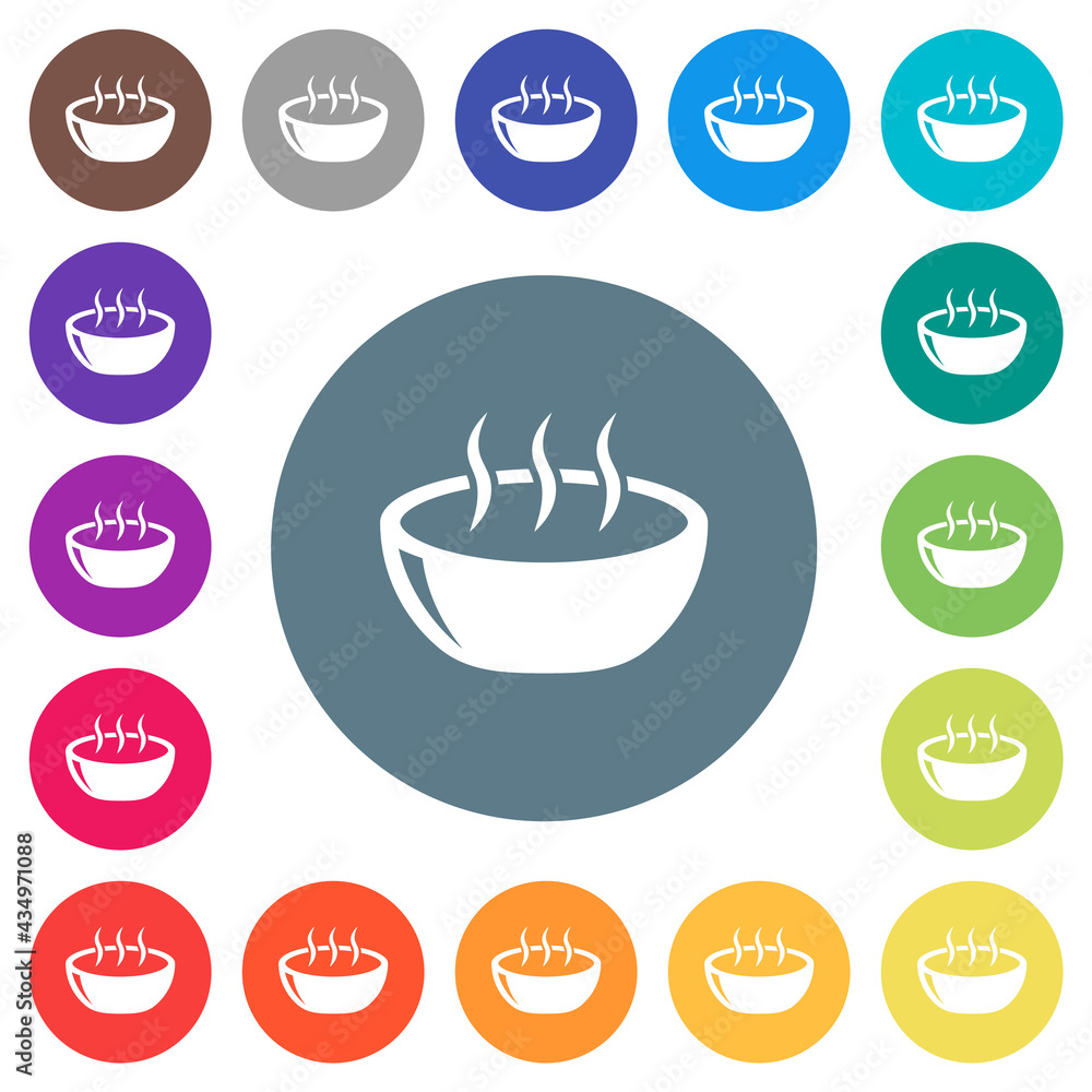 Glossy steaming bowl flat white icons on round color backgrounds Glossy steaming bowl flat white icons on round color backgrounds
