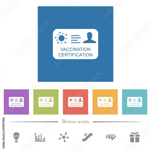 Vaccination certification flat white icons in square backgrounds