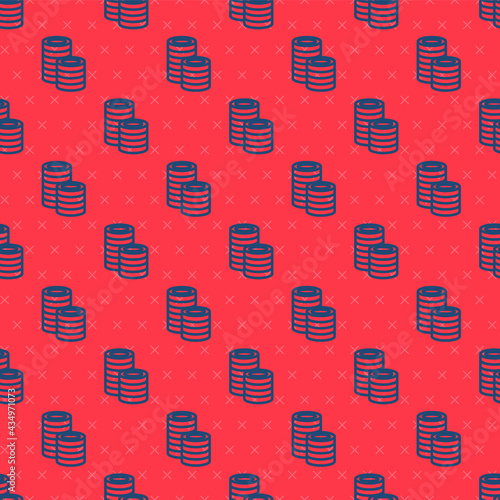 Blue line Casino chips icon isolated seamless pattern on red background. Casino gambling. Vector