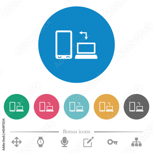 Syncronize mobile with computer flat round icons