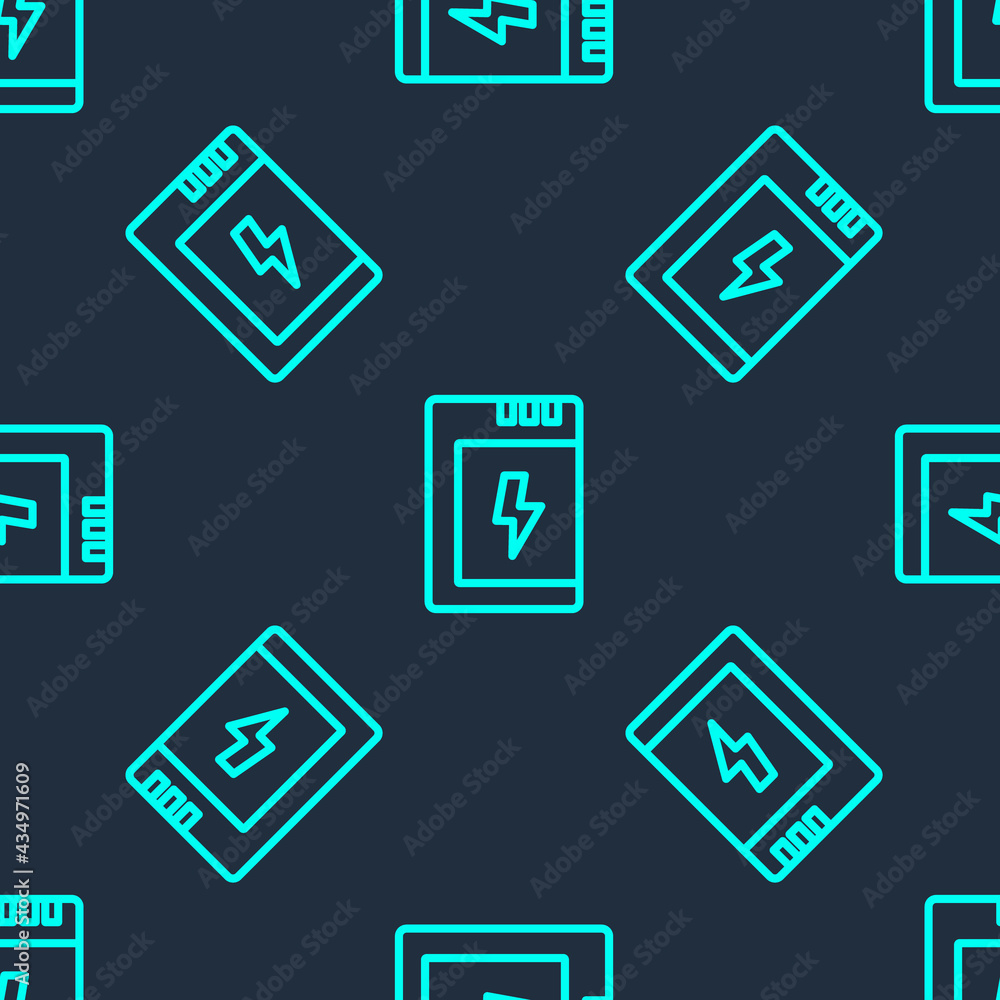 Green line Battery for camera icon isolated seamless pattern on blue background. Lightning bolt symbol. Vector Green line Battery for camera icon isolated seamless pattern on blue background. Lightning bolt symbol. Vector