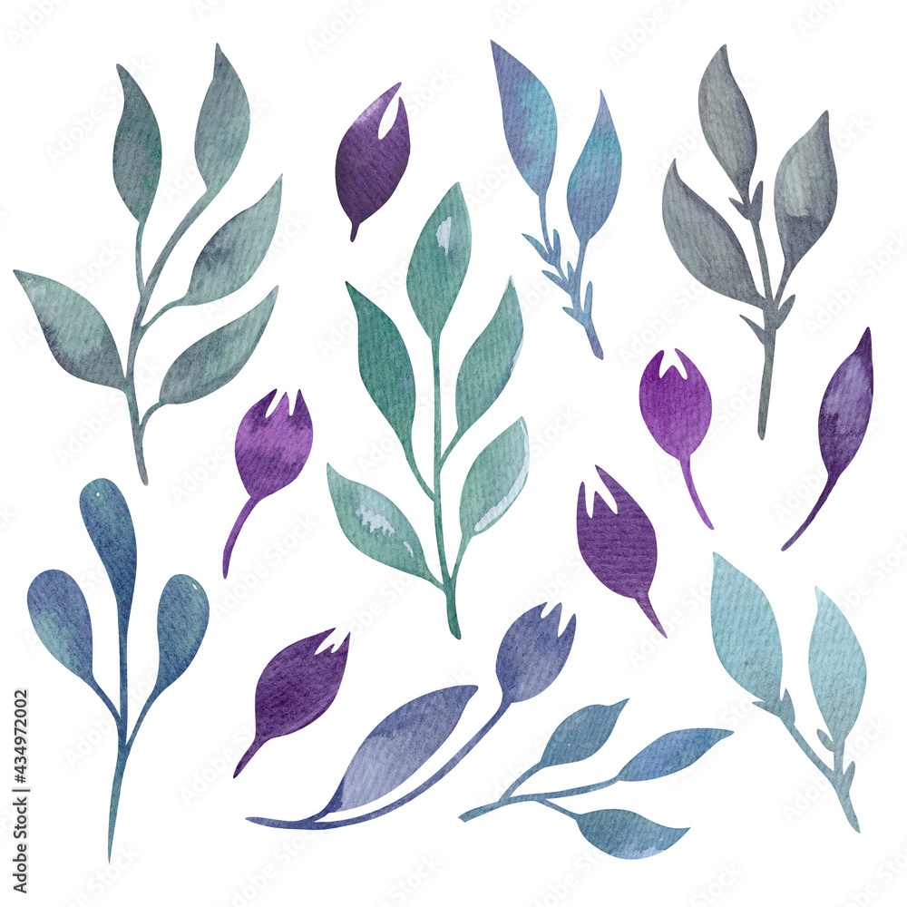 Set with watercolor leaves elements. Set with watercolor leaves elements.