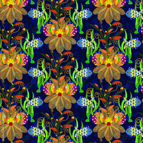 Textura de Peces en el océano con plantas acuáticas.