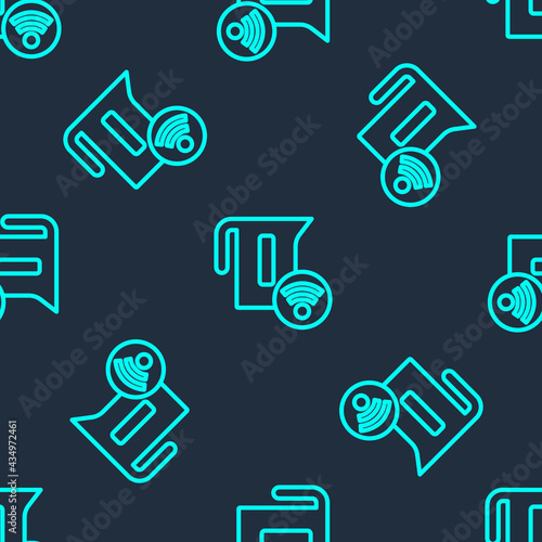 Green line Smart electric kettle system icon isolated seamless pattern on blue background. Teapot icon. Internet of things concept with wireless connection. Vector