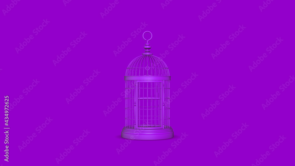 Closed decorative bird cage. 3d render on purple background