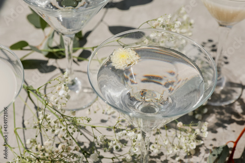 Summer drinks in martini cocktail glasses on warm grey concrete. Beautiful composition with gypsophila flowers and eucalyptus. Direct sunlight creating beautiful shadow. 