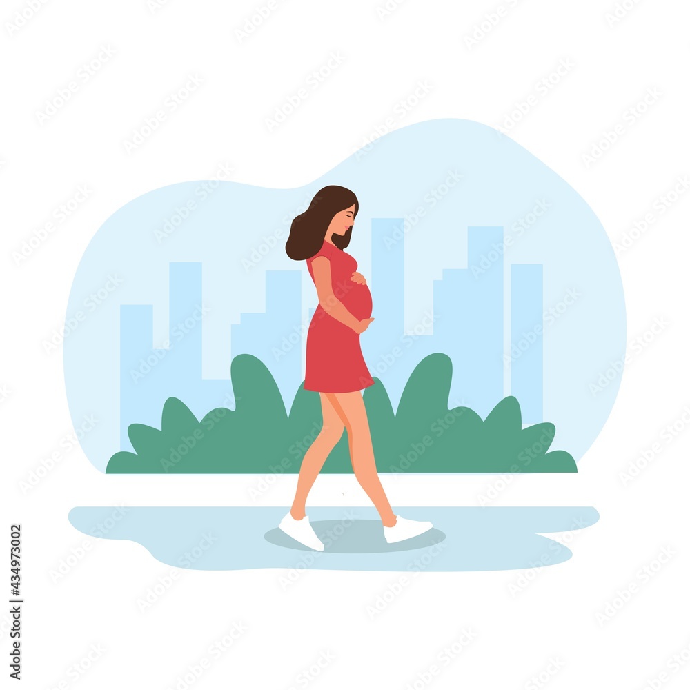 Fototapeta premium Pregnant woman walking. Happy pregnancy. Sport for pregnant. Flat cartoon vector illustration