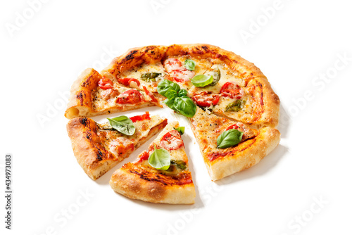 Fresh Homemade Italian Pizza Margherita with mozzarella cheese,cherry tomatoes and fresh basil leaves. isolated on white background
