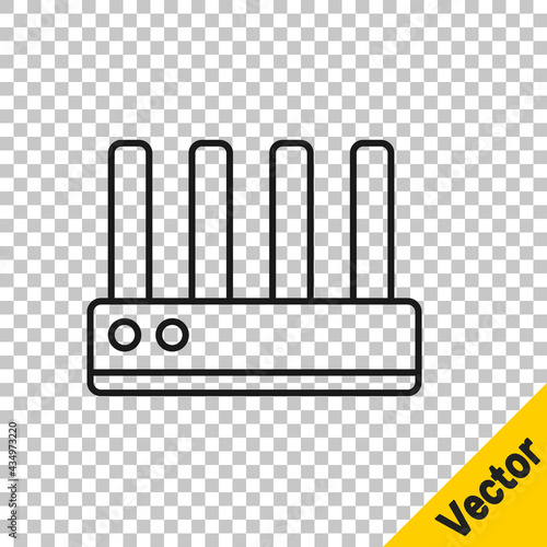 Black line Router and wi-fi signal icon isolated on transparent background. Wireless ethernet modem router. Computer technology internet. Vector