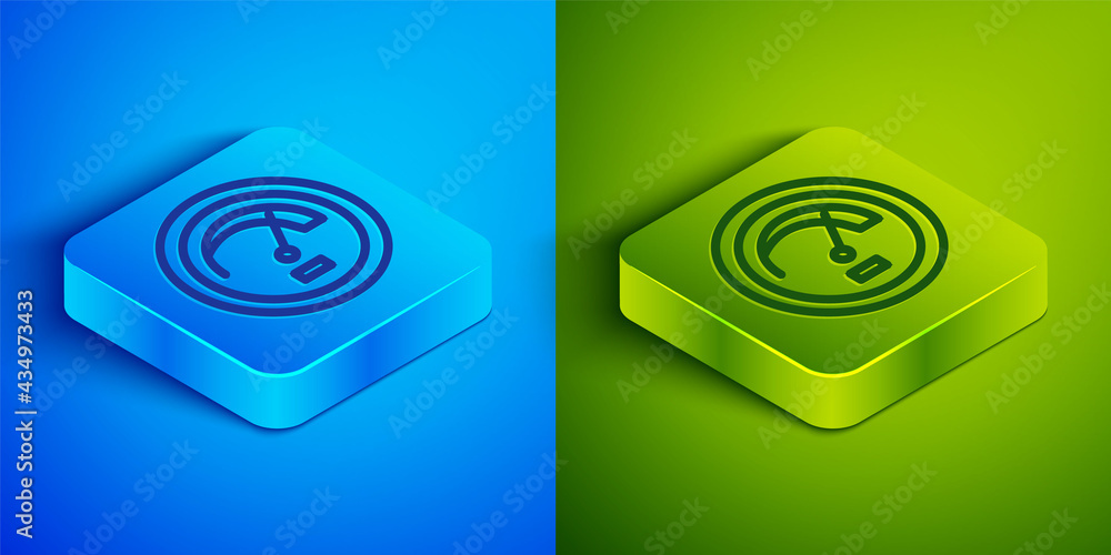 Isometric line Speedometer icon isolated on blue and green background. Square button. Vector Isometric line Speedometer icon isolated on blue and green background. Square button. Vector