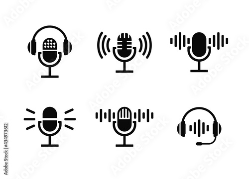 Microphone and headphones icon set. Contains such icons as podcast, voice, recording, and more. Vector illustration.
