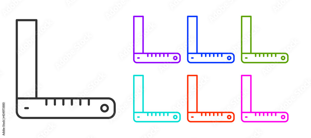 Black line Corner ruler icon isolated on white background. Setsquare, angle ruler, carpentry, measuring utensil, scale. Set icons colorful. Vector