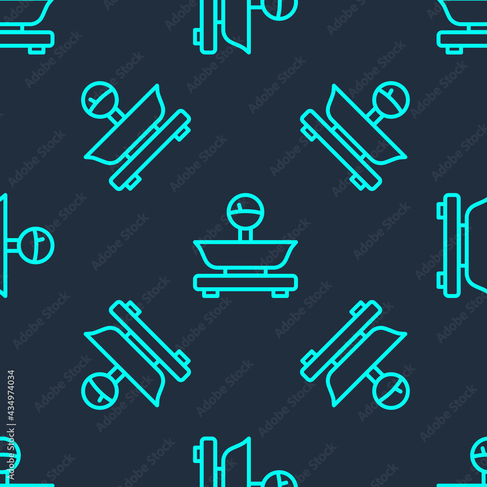 Green line Scales icon isolated seamless pattern on blue background. Weight measure equipment. Vector