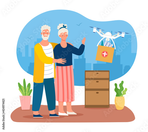 Elderly couple waiting for medicine drone delivery
