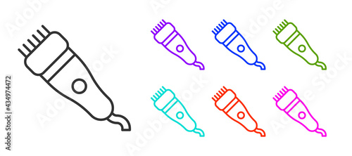 Black line Electrical hair clipper or shaver icon isolated on white background. Barbershop symbol. Set icons colorful. Vector