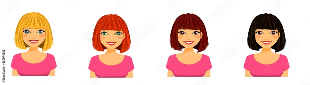Young girl, set. Portraits of a smiling girl with different hair color. Flat style on white background. Cartoon. Young girl, set. Portraits of a smiling girl with different hair color. Flat style on white background. Cartoon.