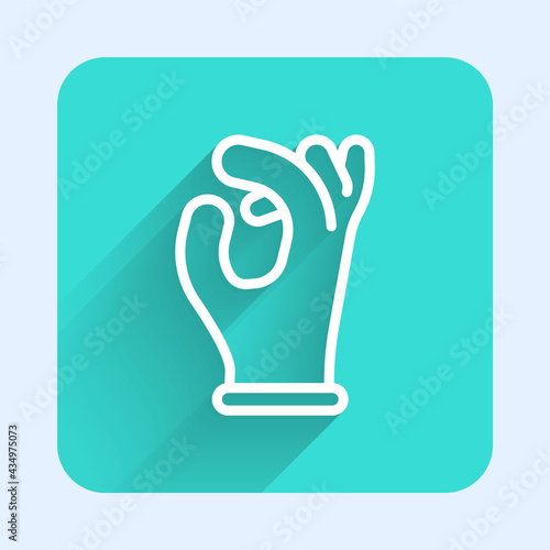 White line Medical rubber gloves icon isolated with long shadow. Protective rubber gloves. Green square button. Vector