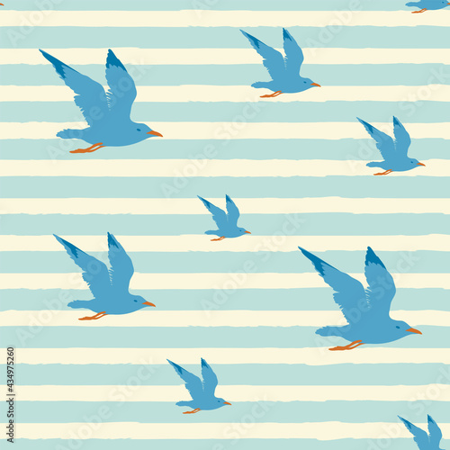 Seamless striped sea pattern with flying nautical birds - marine seagulls. Vector summer background in retro style, suitable for wallpaper, wrapping paper, fabric, travel design.