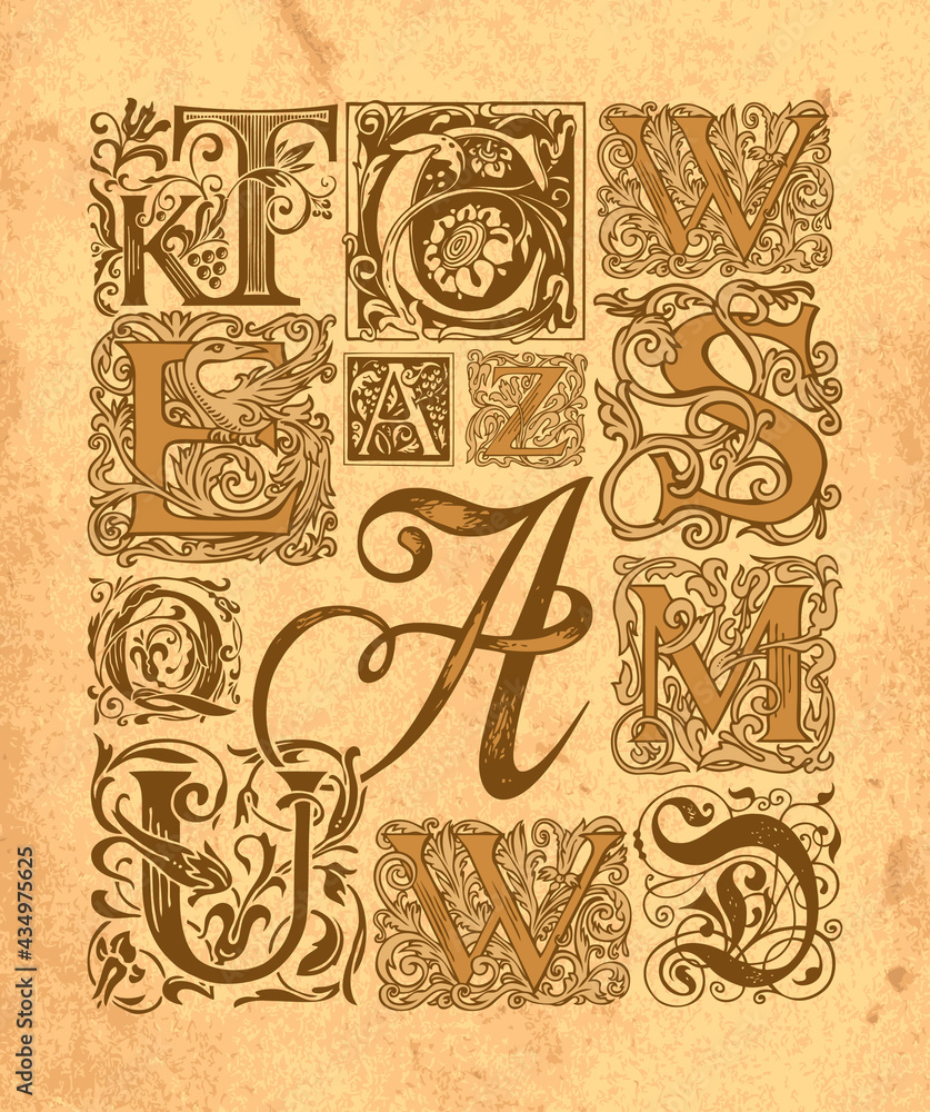 A set of ornate initial letters with Baroque ornaments. Hand-drawn vintage capital letters on an old paper background. Vector beautiful uppercase letters for monogram, logo, greeting card, invitation