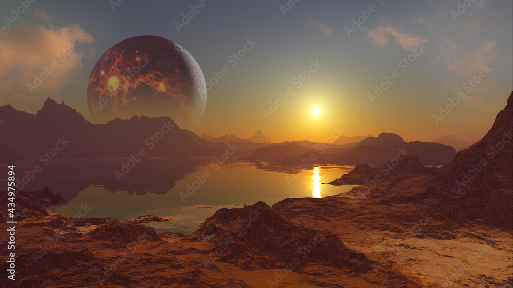 3D rendering of Volcano Planet above alien world