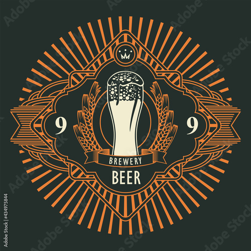 Beer label or banner with overflowing glass of frothy beer, ears of wheat in an ornate frame with rays on a black background. Vector emblem, sticker or badge in retro style for brewery, bar, pub