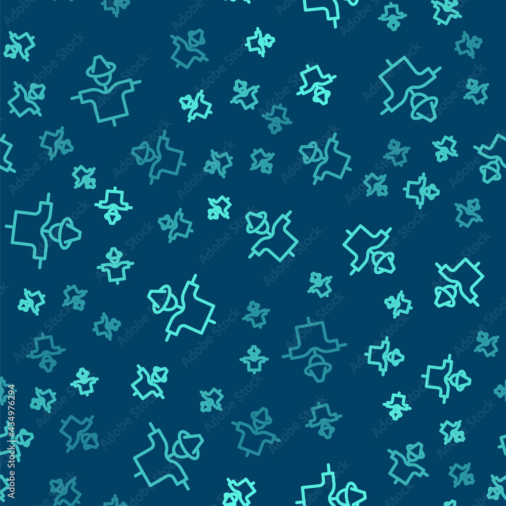 Green line Scarecrow icon isolated seamless pattern on blue background. Vector Green line Scarecrow icon isolated seamless pattern on blue background. Vector