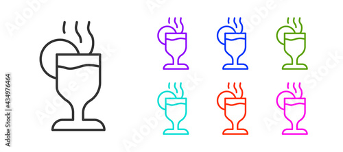 Black line Mulled wine with glass of drink and ingredients icon isolated on white background. Cinnamon stick, clove, lemon slice. Set icons colorful. Vector