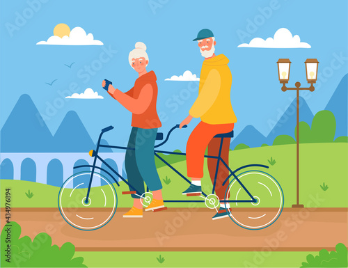 Cute elderly couple is riding bicycle in the city