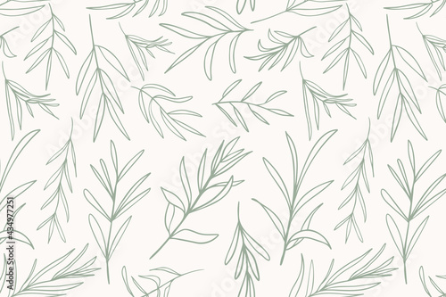 Sage Green Vector Leaves, Botanical Seamless Repeat Pattern. Random Placed Herb Plants All Over Print on ecru white Background.
