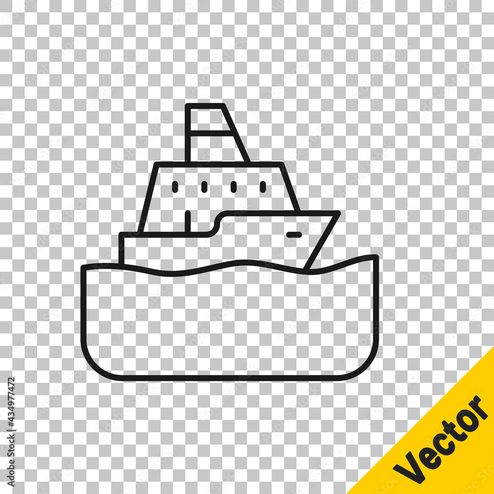 Black line Cruise ship icon isolated on transparent background. Travel tourism nautical transport. Voyage passenger ship, cruise liner. Worldwide cruise. Vector Black line Cruise ship icon isolated on transparent background. Travel tourism nautical transport. Voyage passenger ship, cruise liner. Worldwide cruise. Vector