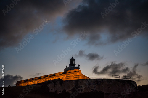 Wide angle of the castle in San Juan, Puerto Rico at sunset. Generations of soldiers lived at the fort and visitors today are inspired by the stories and architecture.