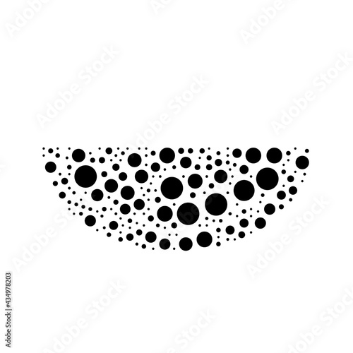 A large watermelon piece symbol in the center made in pointillism style. The center symbol is filled with black circles of various sizes. Vector illustration on white background