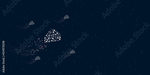 A cheese symbol filled with dots flies through the stars leaving a trail behind. Four small symbols around. Empty space for text on the right. Vector illustration on dark blue background with stars