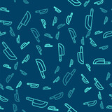 Green line Knife icon isolated seamless pattern on blue background. Cutlery symbol. Happy Halloween party. Vector