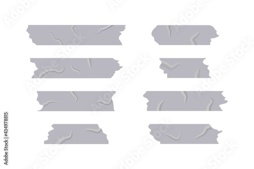 Silver adhesive tape on isolated background. Torn piece of sticker. Collection of ripped grey sticky of strip. vector illustration