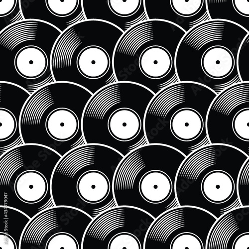 Retro music vintage vinyl record icon printable seamless pattern vector illustration. Ideal for wallpaper, wrapper, packaging, fabric, textile, digital paper design and any decoration