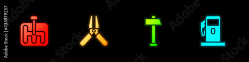 Set Gear shifter, Car battery jumper power cable, Hammer and Petrol or Gas station icon. Vector