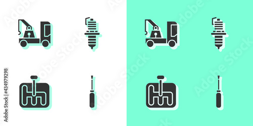 Set Screwdriver, Tow truck, Gear shifter and Car spark plug icon. Vector