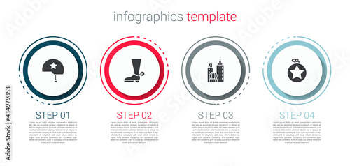 Set Military helmet, Cowboy boot, City landscape and Canteen water bottle. Business infographic template. Vector