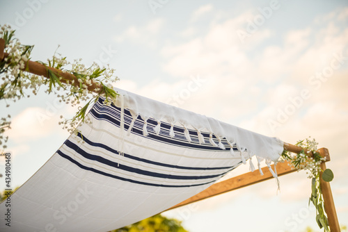 Close up of Chuppah canopy cloth details for traditional Jewish wedding custom