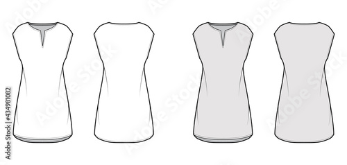 Dress tunic technical fashion illustration with sleeveless, oversized body, mini length skirt, slashed neck. Flat apparel front, back, white, grey color style. Women, men unisex CAD mockup