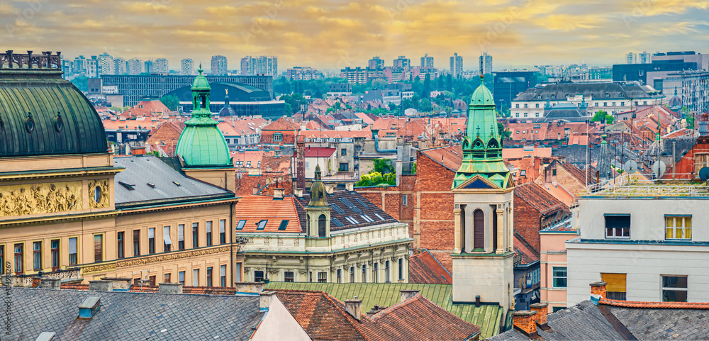 Rooftop cityscape view of the famous metropolitan area of the capital Zagreb at dusk in Croatia
