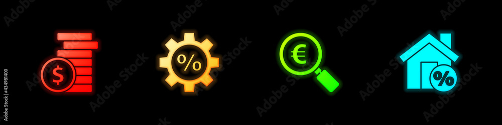Obraz premium Set Coin money with dollar, Gear percent, Magnifying glass and euro and House percant discount icon. Vector