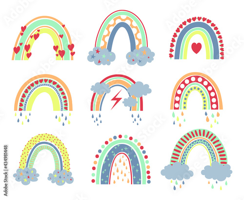 Scandinavian boho vector rainbow. Collection cute rainbows with flowers in pastel colors isolated on white background for kids.