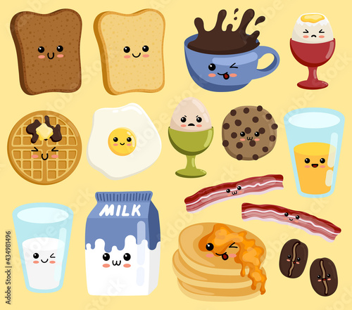 Set of cute breakfast vector set. Kawaii smiling happy face food icon illustration. Breakfast food and beverages, cute vector icons set. Cute cartoon characters.